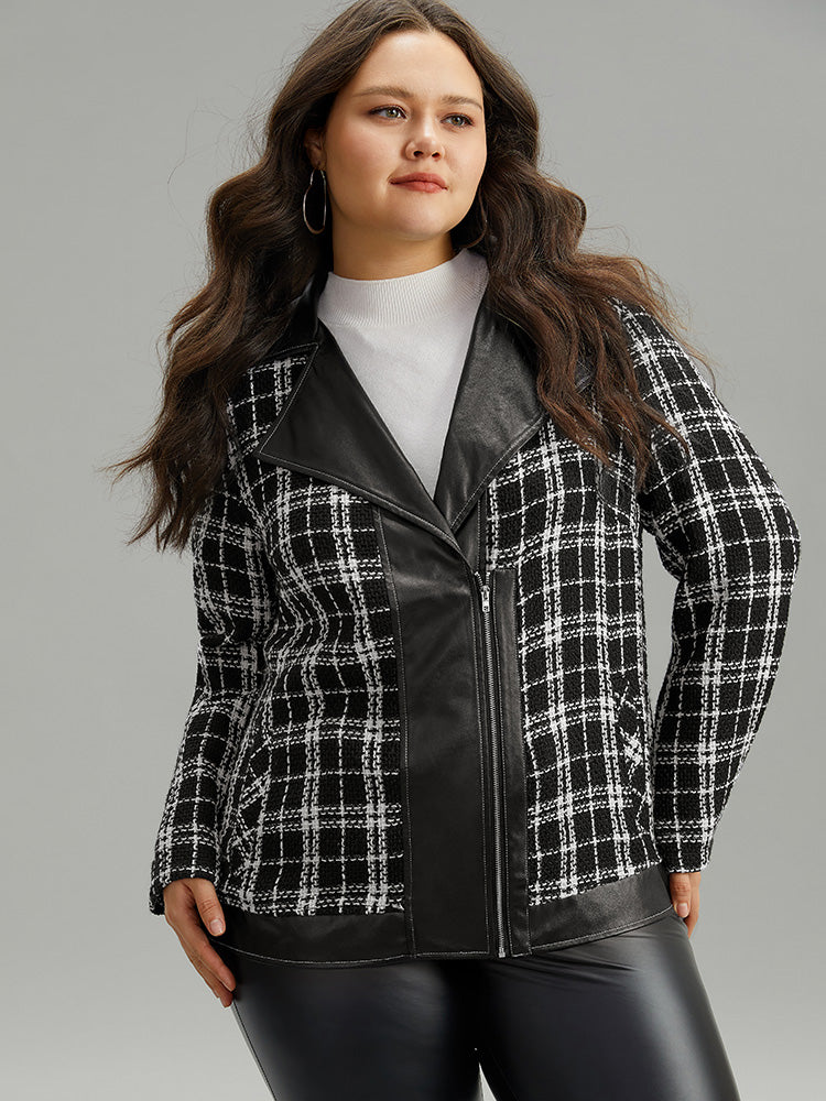 Plaid PU Patchwork Zipper Fly Jacket