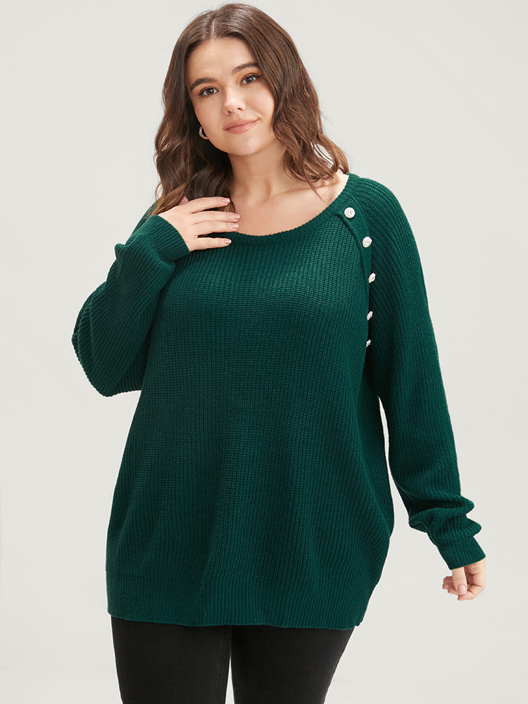 Solid Pointelle Knit Raglan Sleeve Button Detail Knit Top