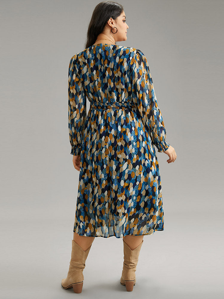 Overlap Collar Feather Shirred Pocket Dress