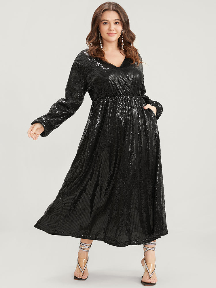 Solid Lantern Sleeve Pocket Wrap Sequin Maxi Dress