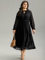 Chiffon Texture Belted Mesh Keyhole Frill Trim Dress