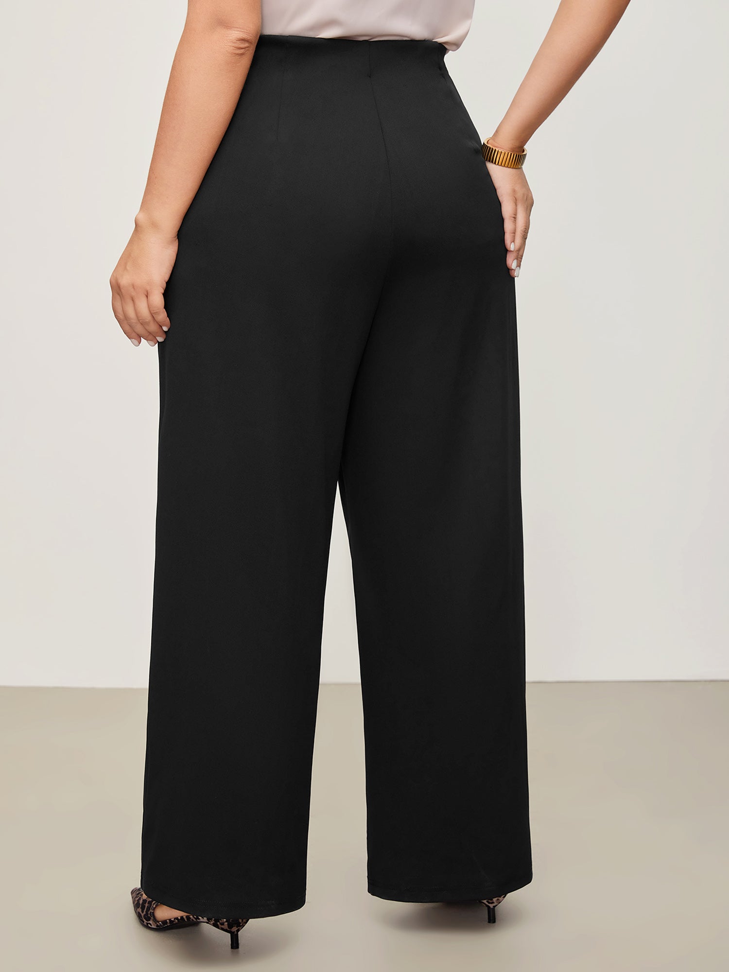 Solid Elastic Waist Pleated Wide Leg Pants
