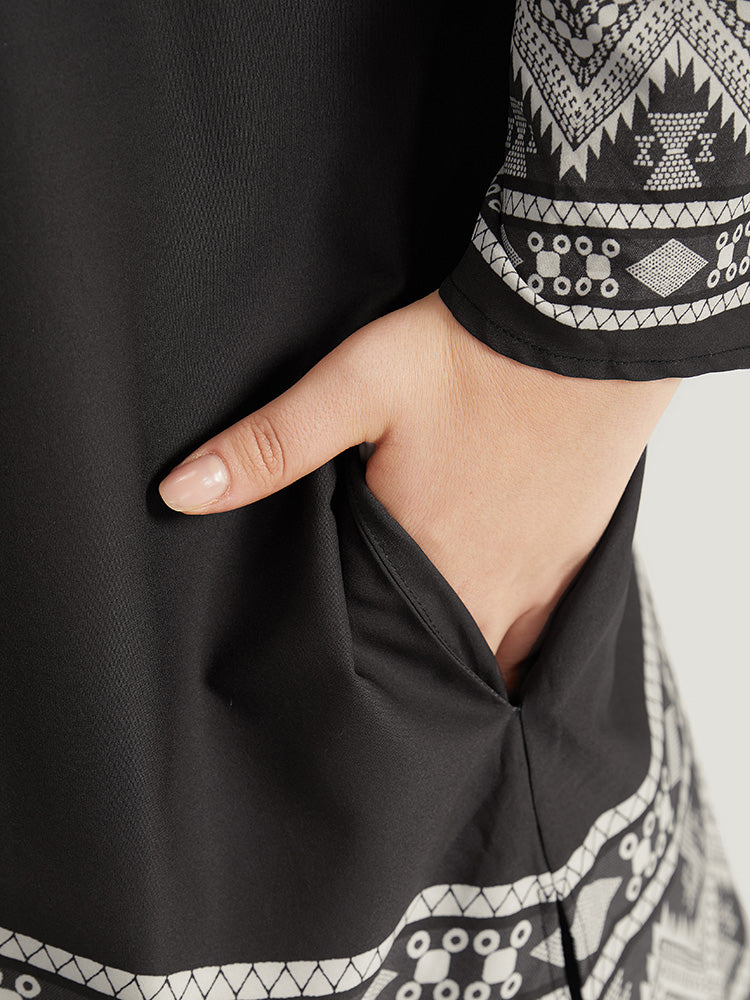 Boho Print Open Front Pocket Split Hem Kimono