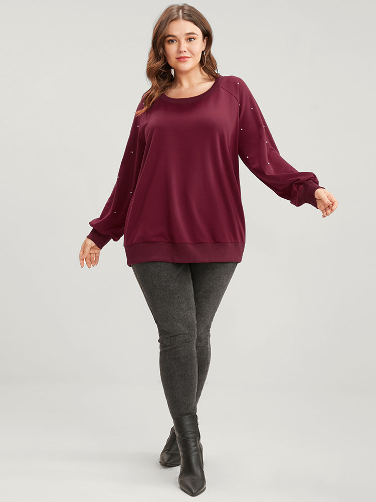 Solid Pearls Beaded Raglan Sleeve Drop Shoulder Sweatshirt