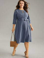 Anti-Wrinkle Solid Belted Pleated Keyhole Dress