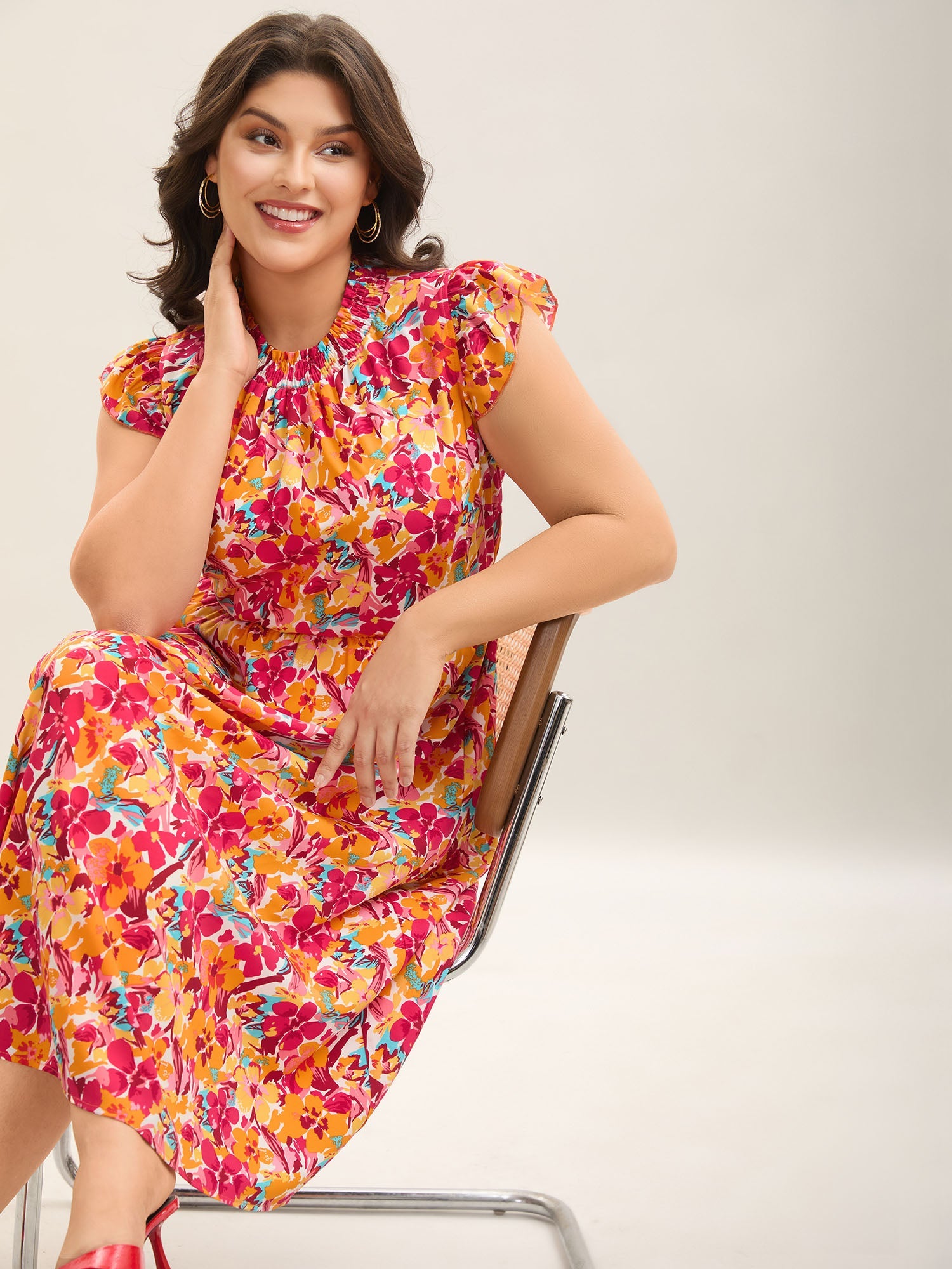 Floral Print Shirred Pockets Midi Dress