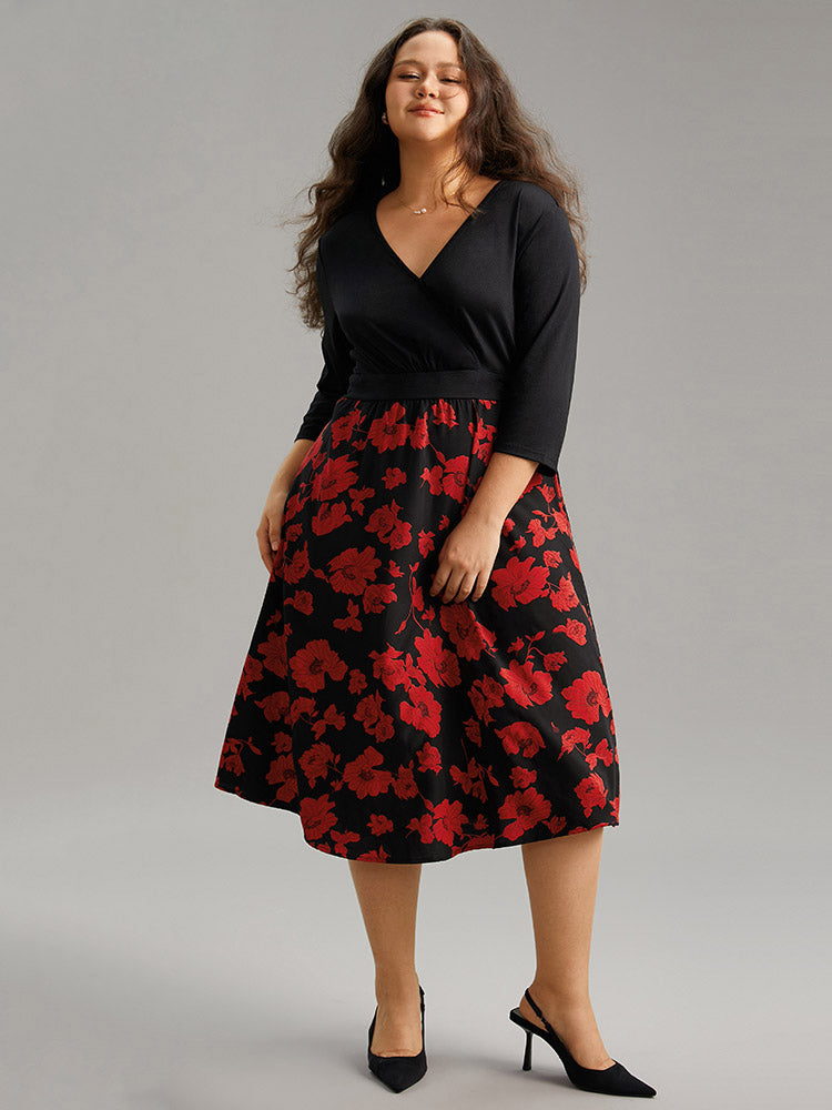 Silhouette Floral Print Patchwork Surplice Neck Dress