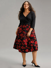 Silhouette Floral Print Patchwork Surplice Neck Dress