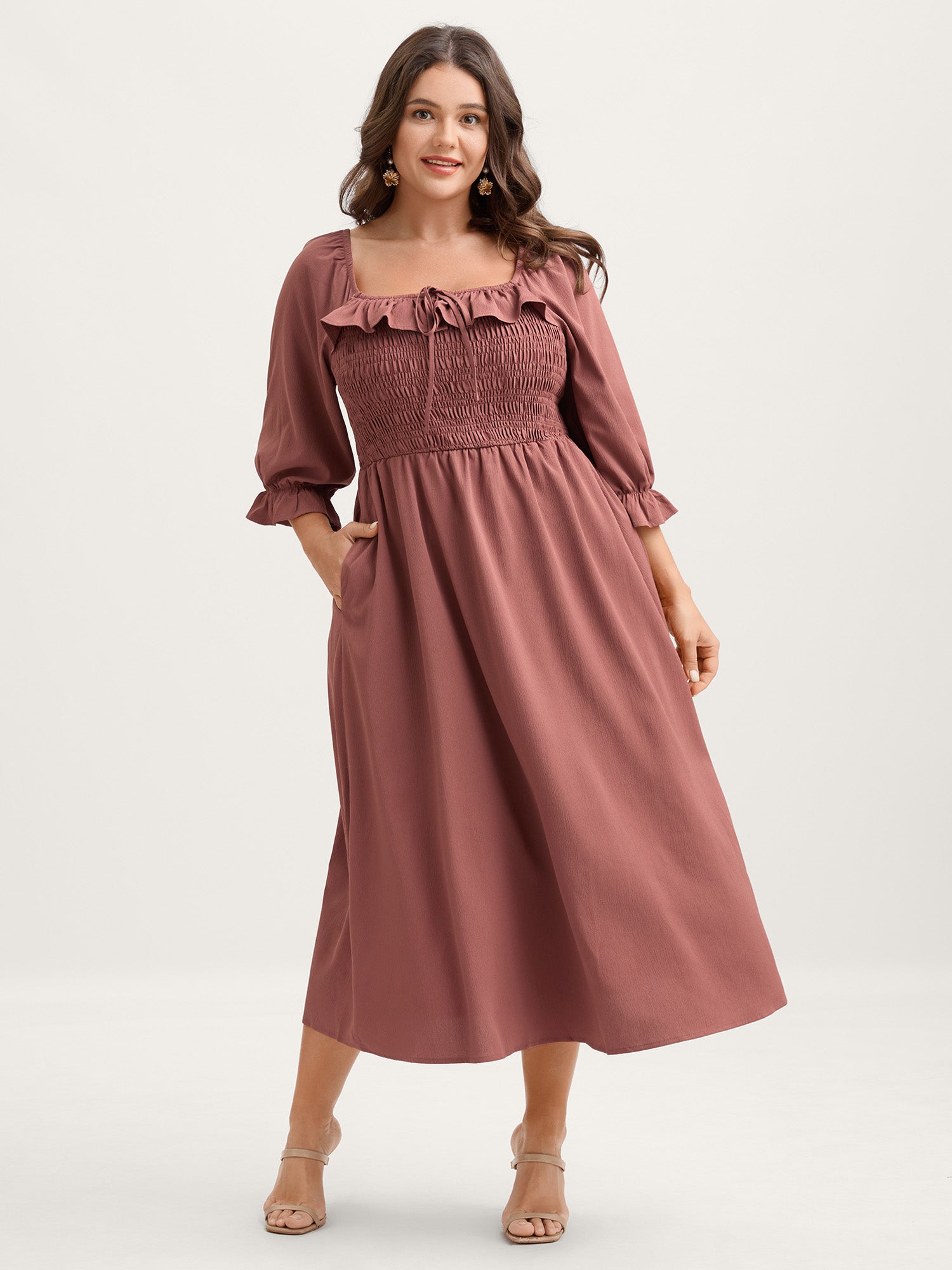 Ruffle Shirred Bodice Pockets Midi Dress