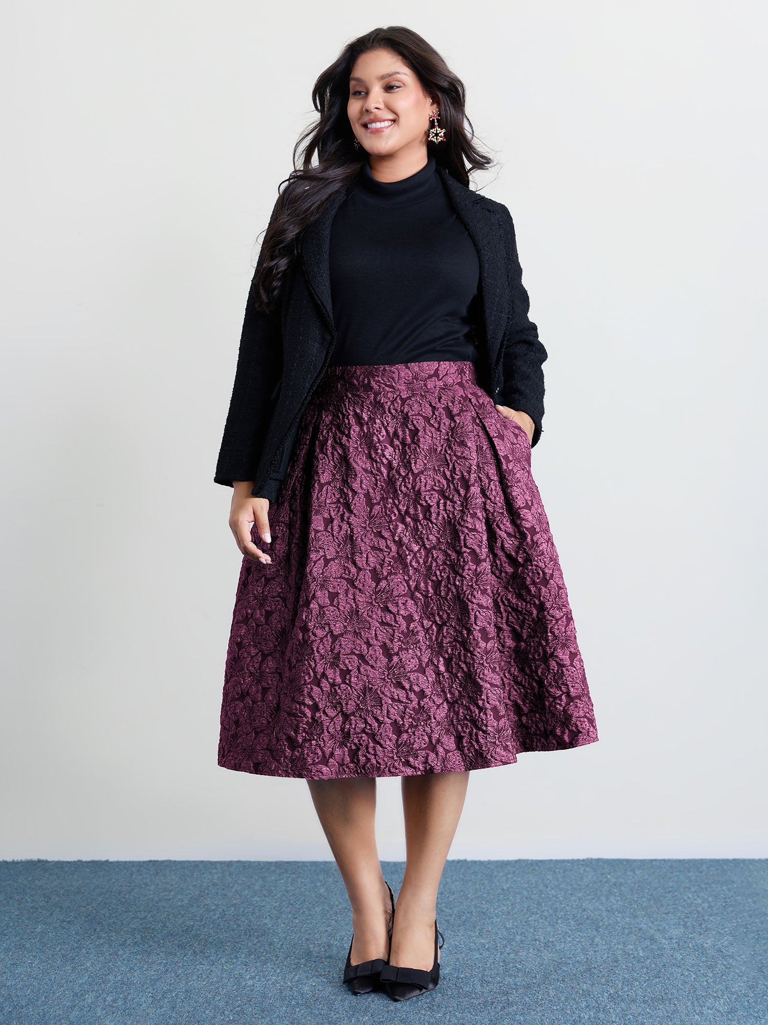 Floral Jacquard Pleated Midi Skirt