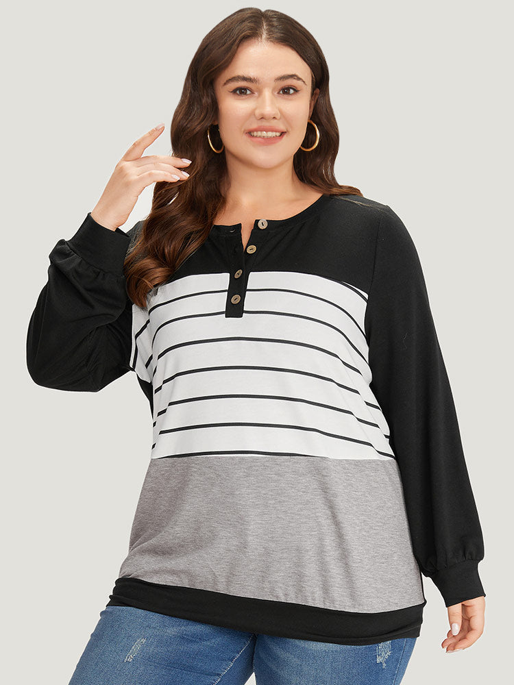 Striped Contrast Button Up Elastic cuffs Sweatshirt