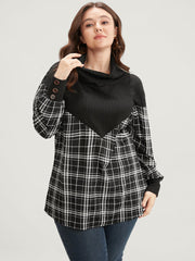 Plaid Patchwork Button Detail Funnel Neck Sweatshirt