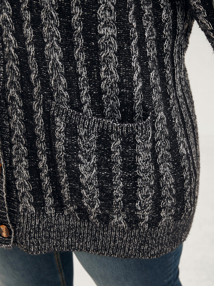 Striped Contrast Pointelle Knit Pocket Button Front Heather Cardigan