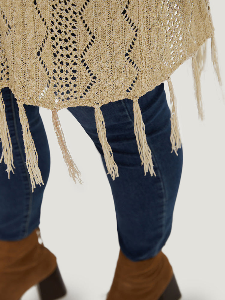 Solid Fringe Trim Geometric Eyelet Batwing Sleeve Cardigan