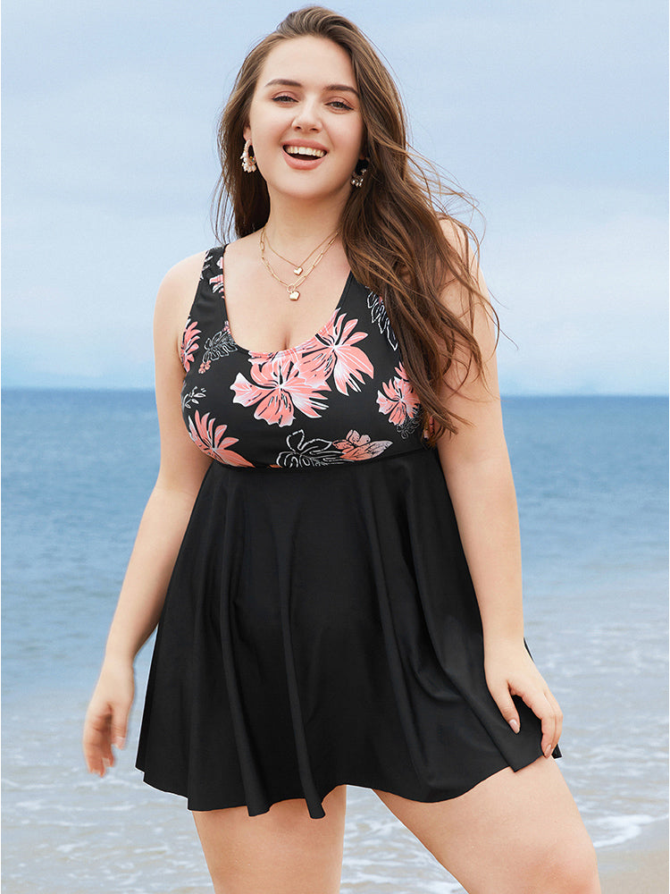 Floral Print Scoop Neck Sculpt Waist Swim Dress