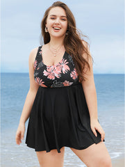 Floral Print Scoop Neck Sculpt Waist Swim Dress