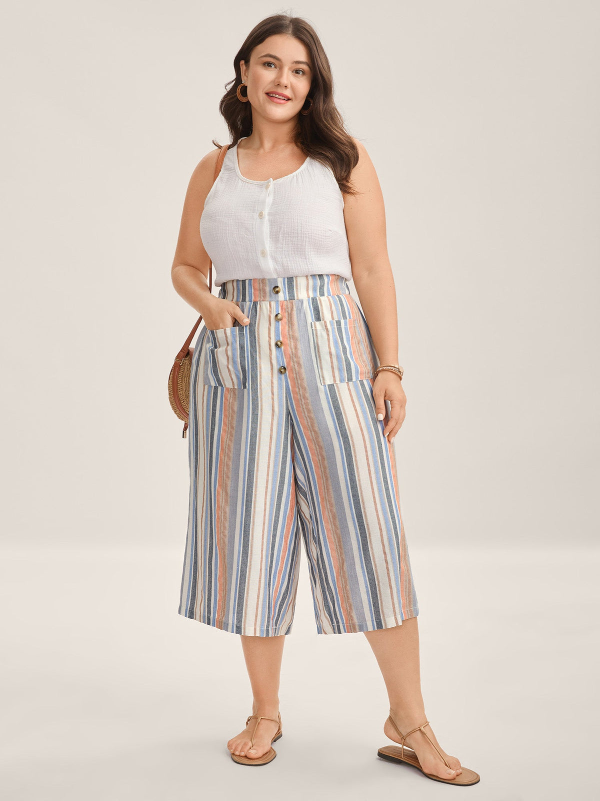 Soft Stripes Button Wide-Leg Pants