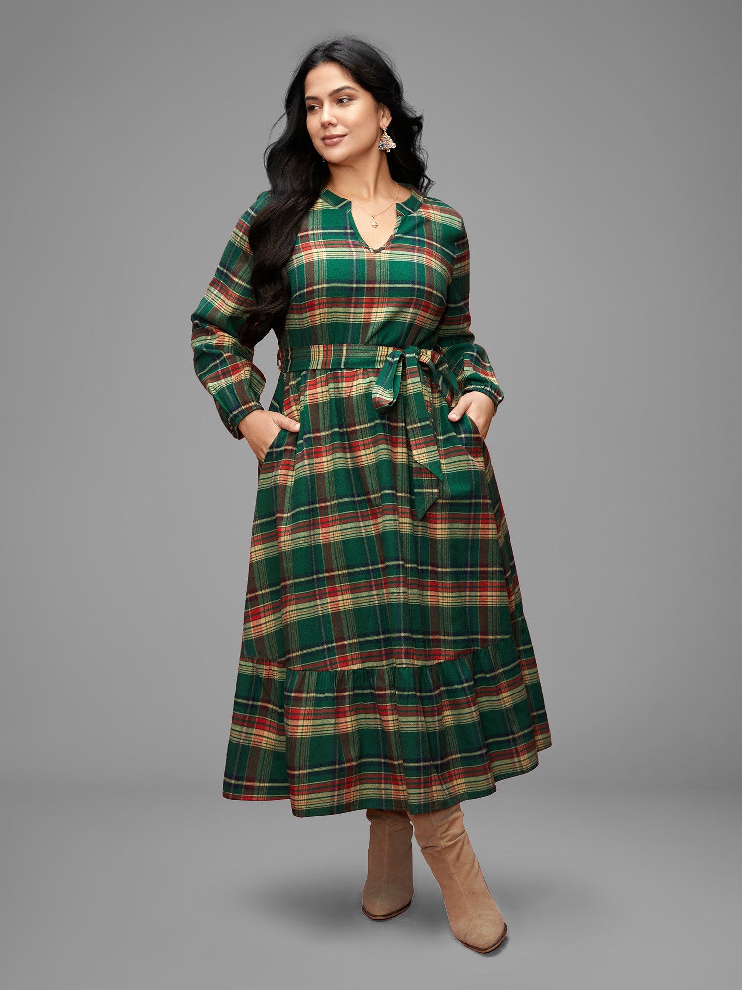 Festive Notched Collar Plaid Dress