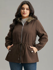 Fuzzy Trim Patchwork Zipper Drawstring Buckle Detail Jacket