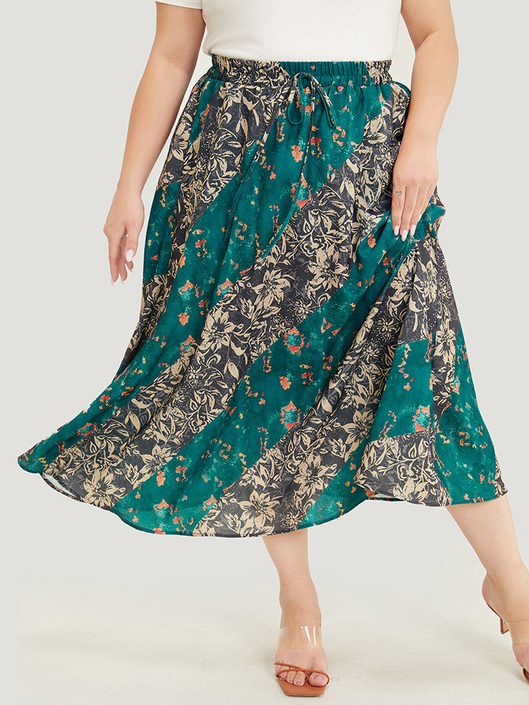 Floral Contrast Pocket Knot Front Skirt
