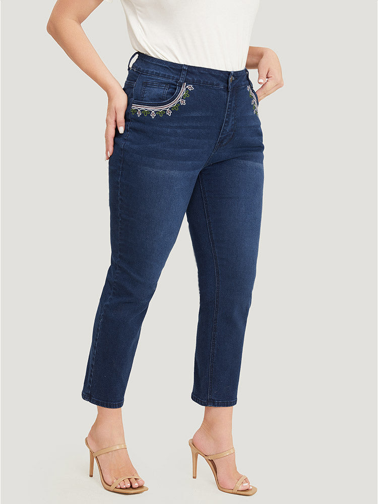 Straight Very Stretchy High Rise Dark Wash Embroidered Trim Jeans
