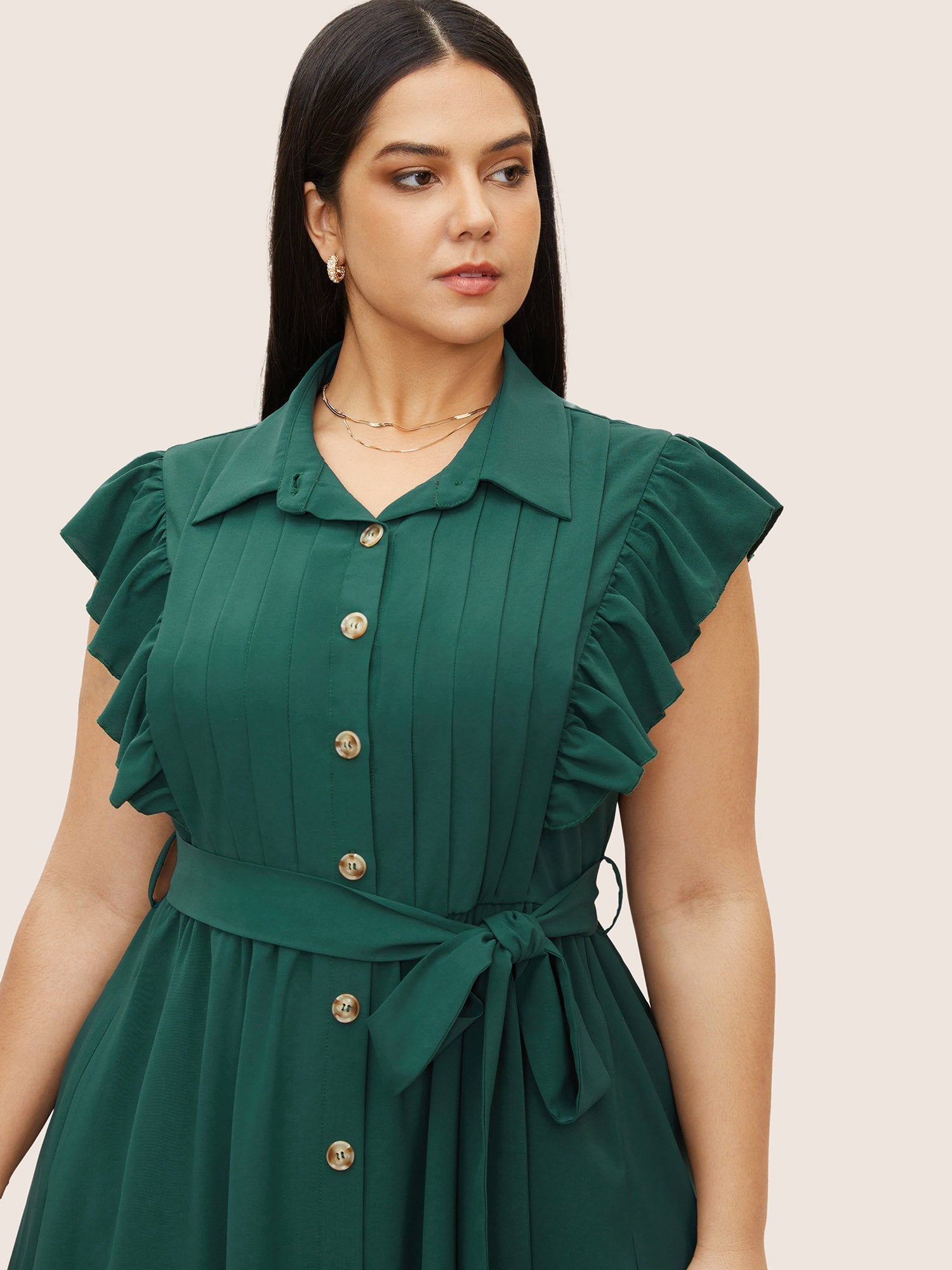 Shirt Collar Solid Pleated Ruffle Cap Sleeve Dress