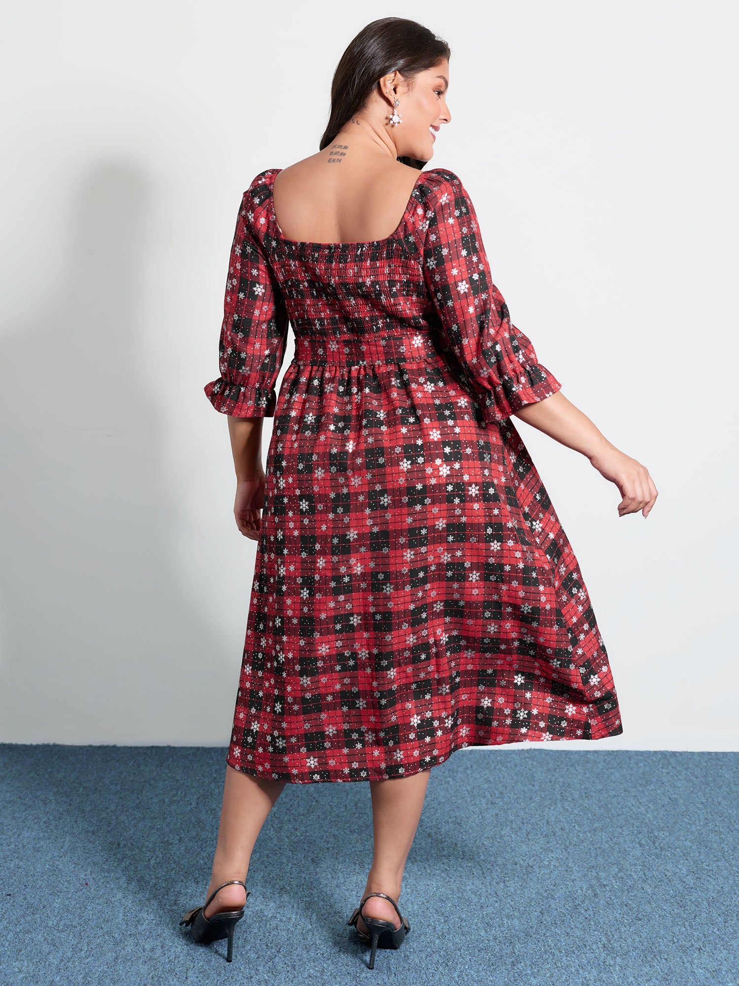 Snow Checkered Print Shirred Midi Dress