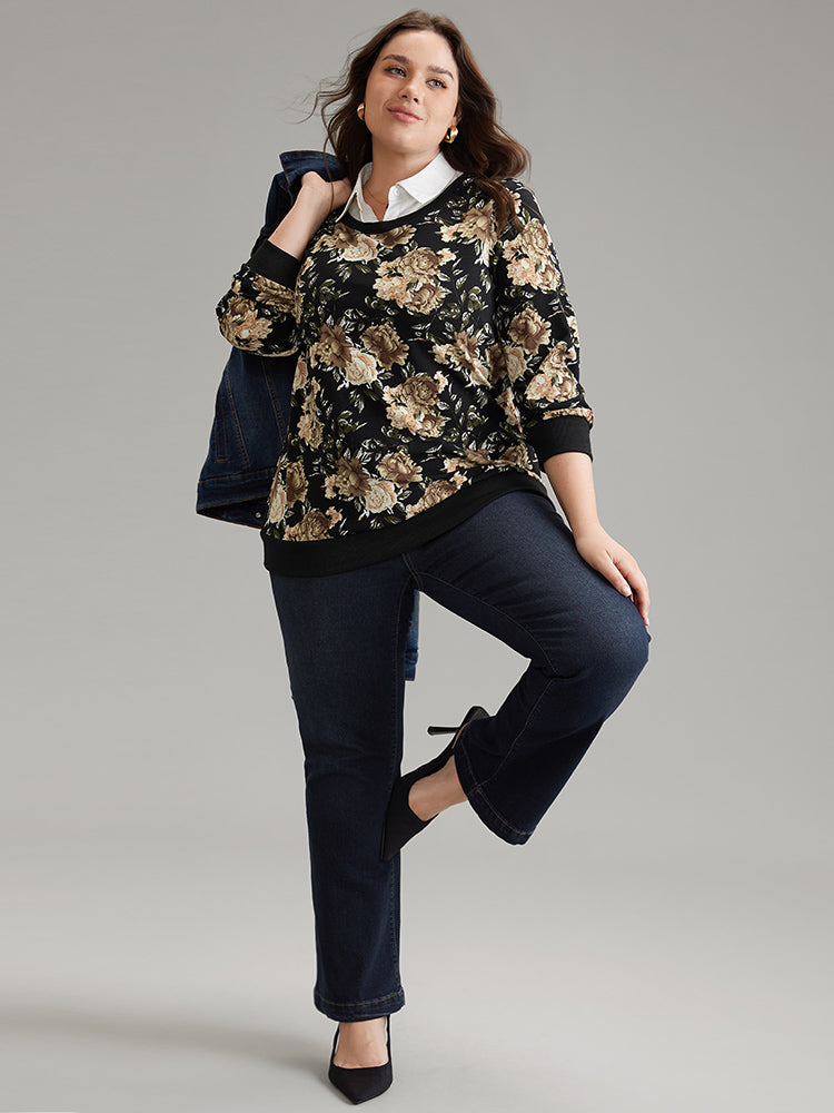 2-In-1 Floral Print Shirt Collar Sweatshirt