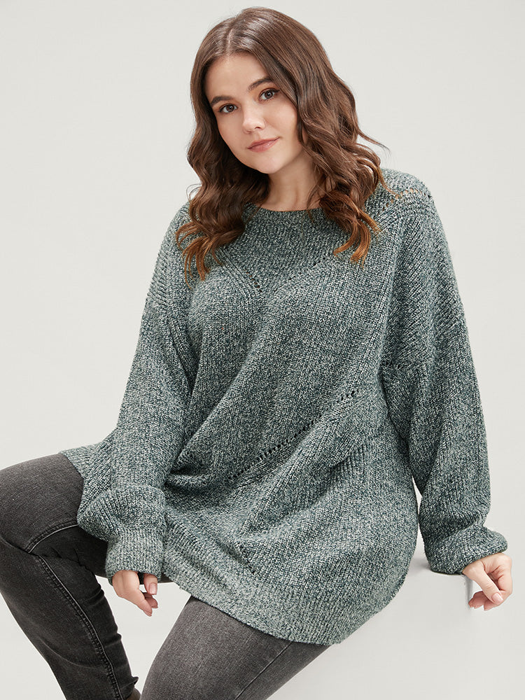 Solid Pointelle Knit Round Neck Cut Out Heather Knit Top