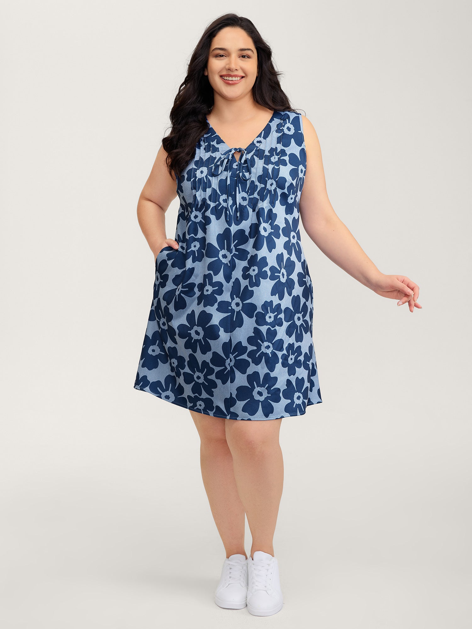 Floral Denim-Like Knee-Length Dress