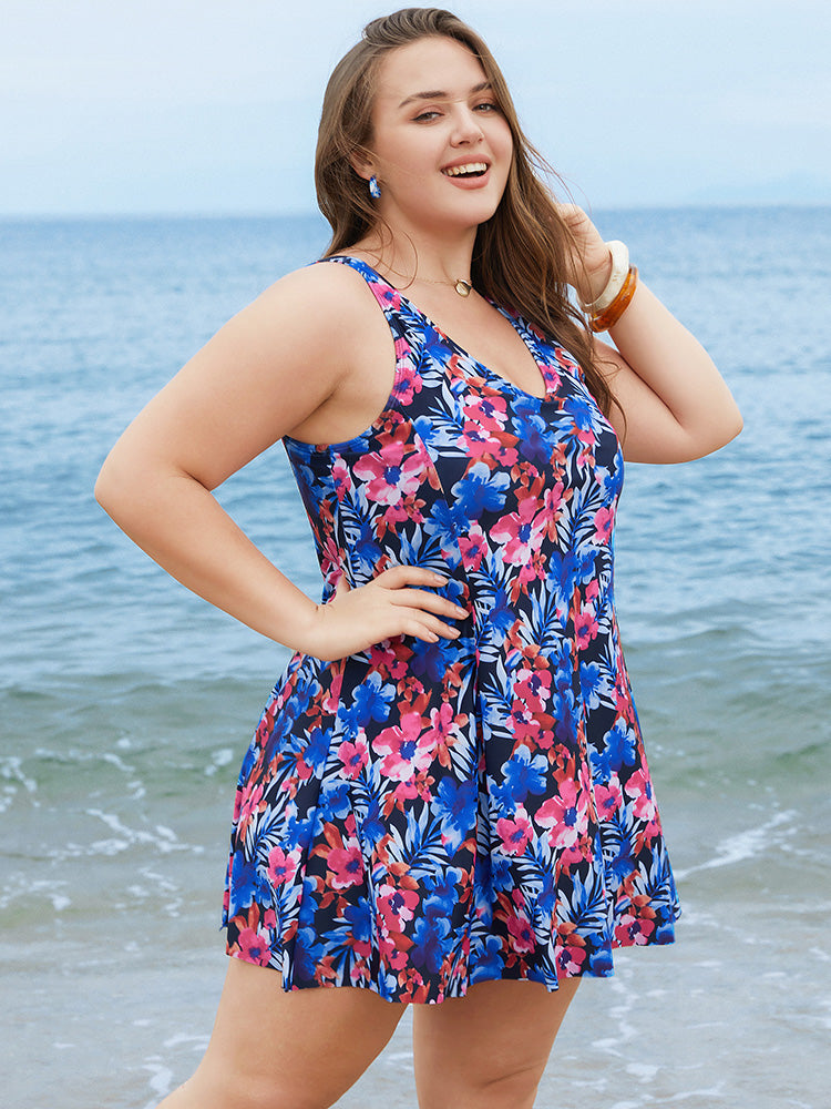 Floral Print Ruffles Sculpt Waist A Line Swim Dress