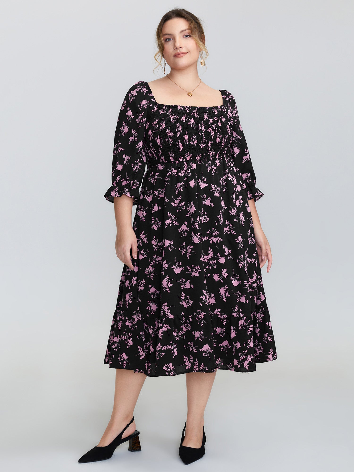 Silhouette Flower Print Shirred Stretchy Waist Midi Dress