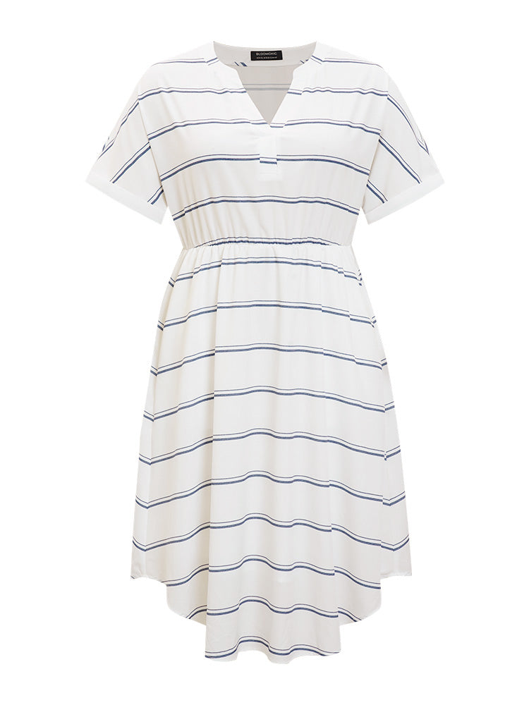 Striped Notched Neck Pocket Roll Batwing Sleeve Dress