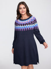 Fair-Isle Pattern Round Neck Sweater Dress