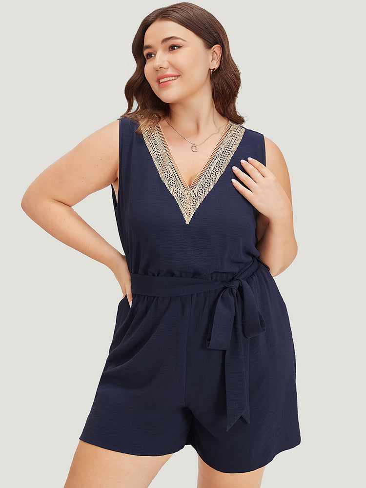 Solid Pocket Contrast Lace Belted Tank Romper