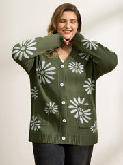 Floral Jacquard Button Pockets Knit Cardigan
