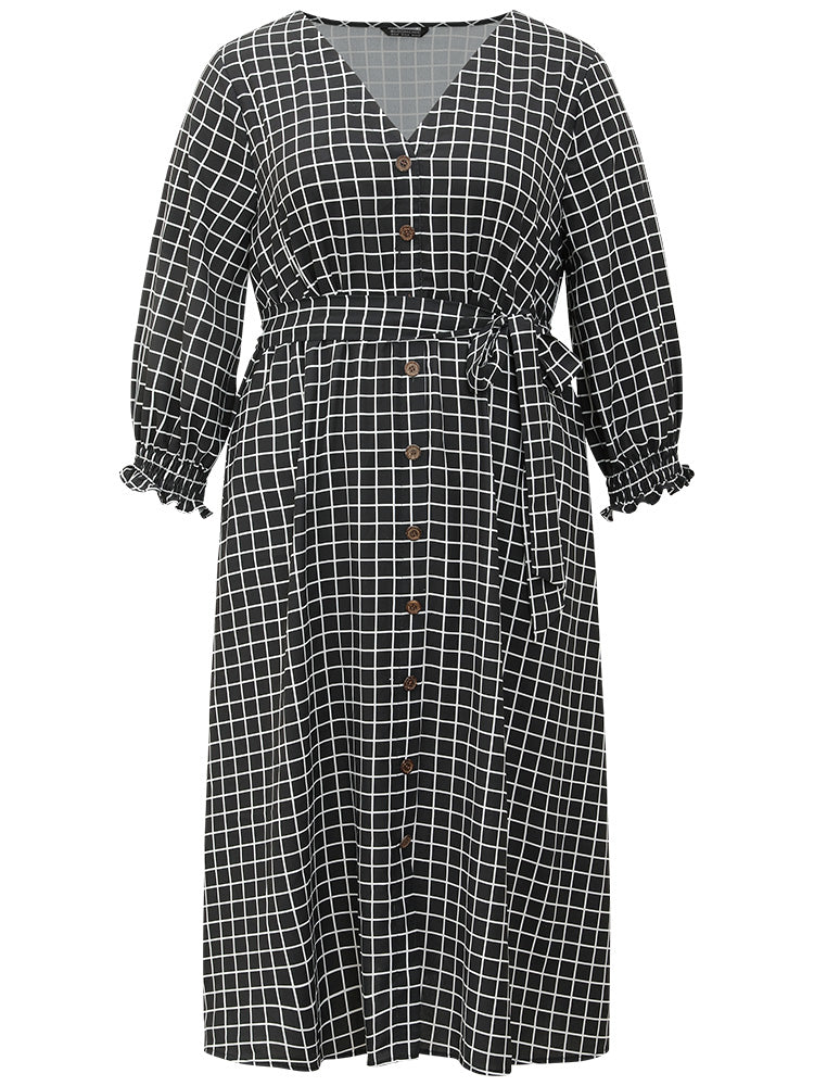 Gingham Button Detail Pocket Lantern Sleeve Dress