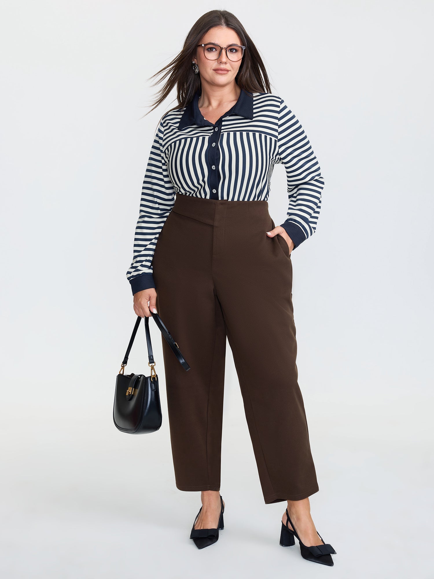 Striped Stretchy Color Contrast Button-Down Top