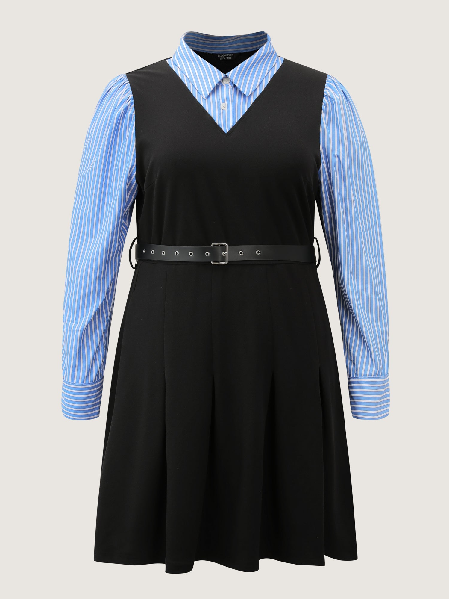 2-in-1 Color Contrast Belted Midi Dress