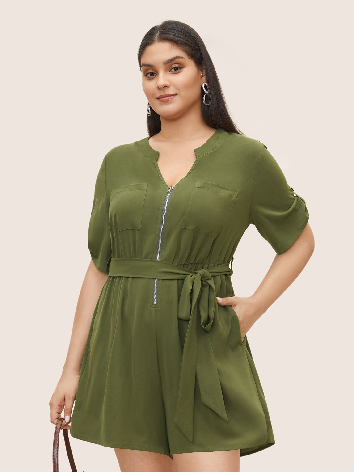 Solid Half Zip Belted Tab Sleeve Jumpsuit