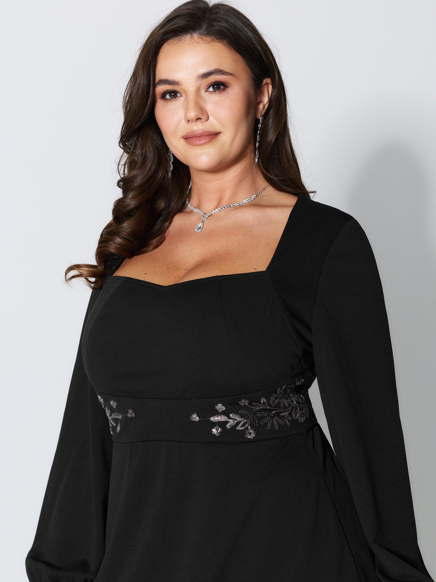 Sequin Embroidery Waist-Defining Pocket Knee Dress