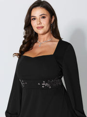 Sequin Embroidery Waist-Defining Pocket Knee Dress