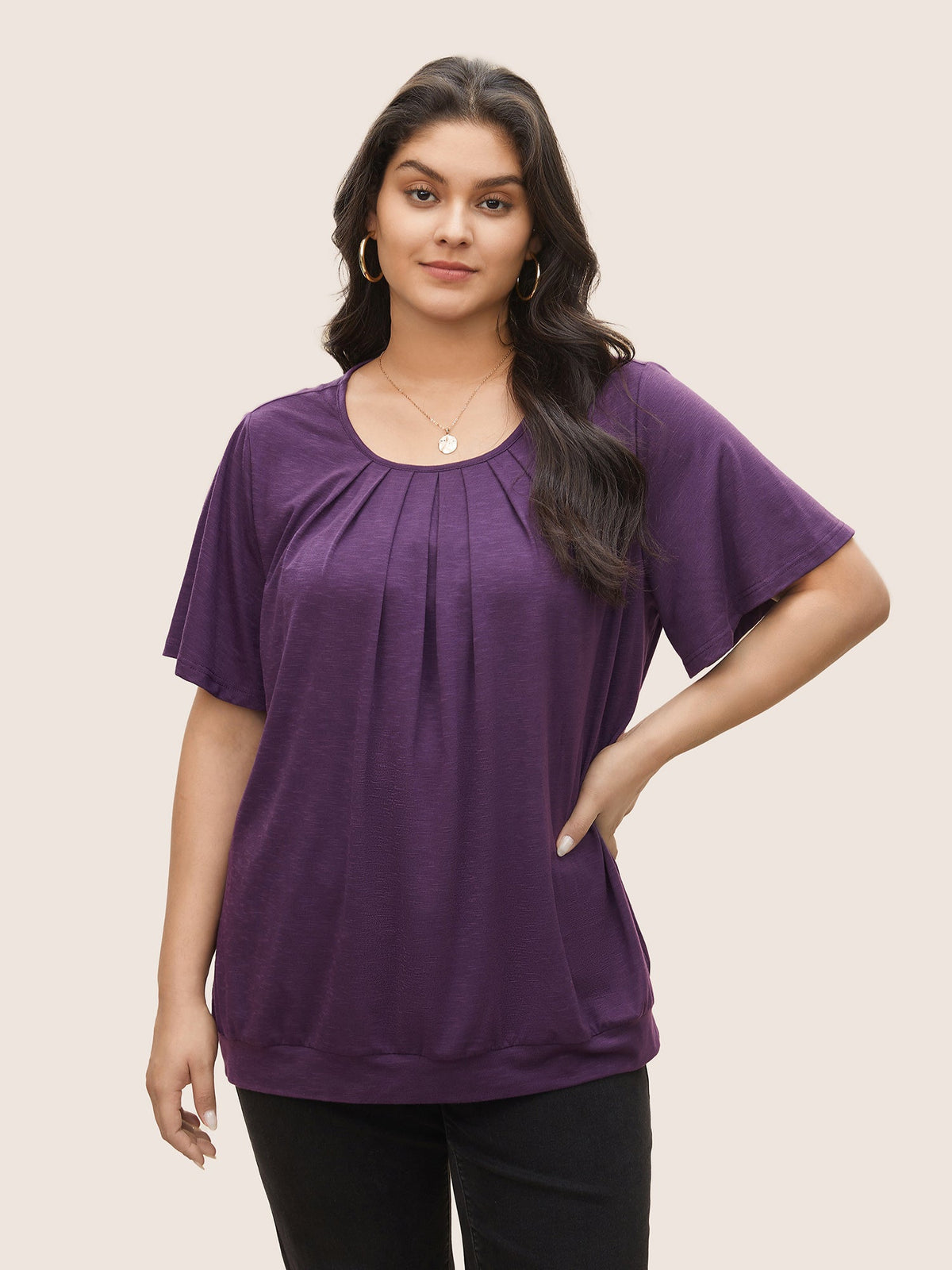 Solid Plicated Detail Flutter Sleeve T-shirt