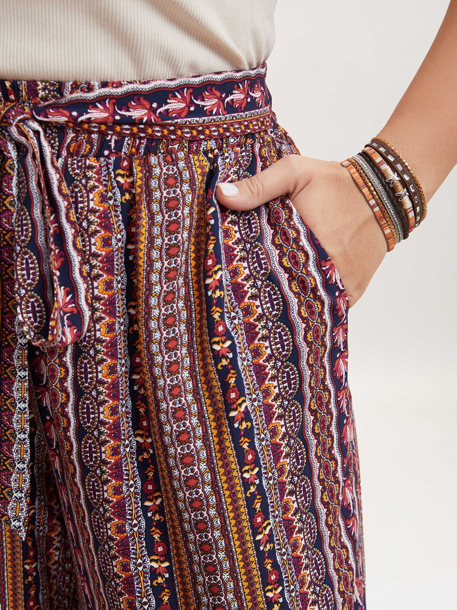 Boho Print Belted Flared Pants