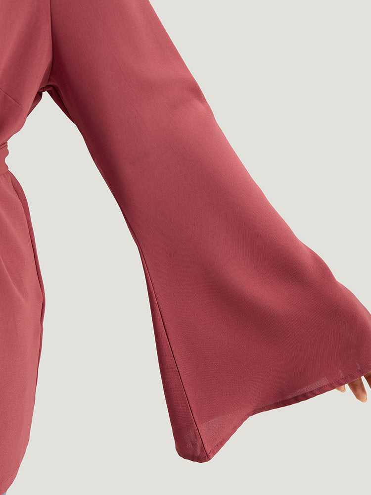 Solid Bell Sleeve Belted Lapel Collar Blazer