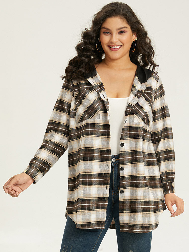 Plaid Button Up Hooded Patchwork Shacket