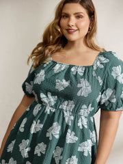 Floral Plaid Print Puffy Sleeve Midi Dress