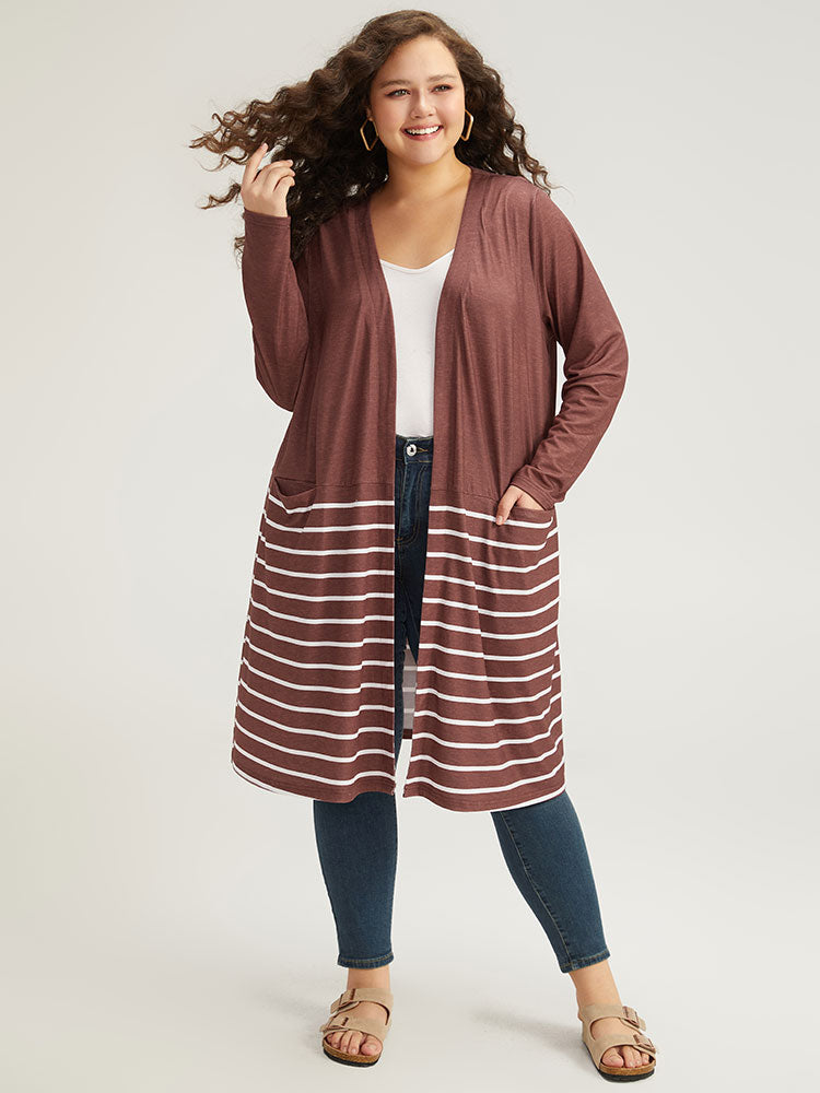 Striped Contrast Pocket Open Front Kimono