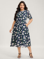 Floral Print Stretchy Waist Lace Midi Dress