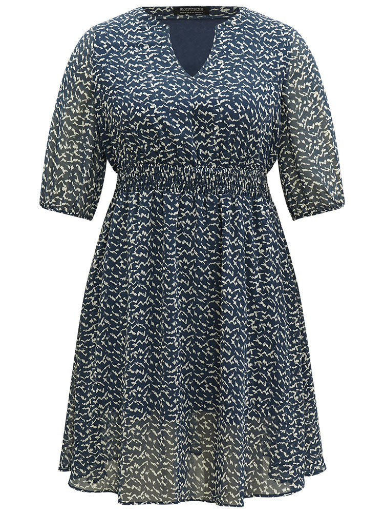 Bird Print Notched Shirred Lantern Sleeve Dress